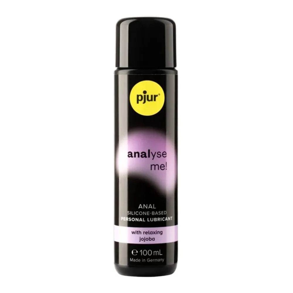 Flacon de lubrifiant anal Analyse Me de la marque pjur, 100 ml, à base de silicone avec jojoba, en plastique noir avec étiquette dégradée noir et rose
