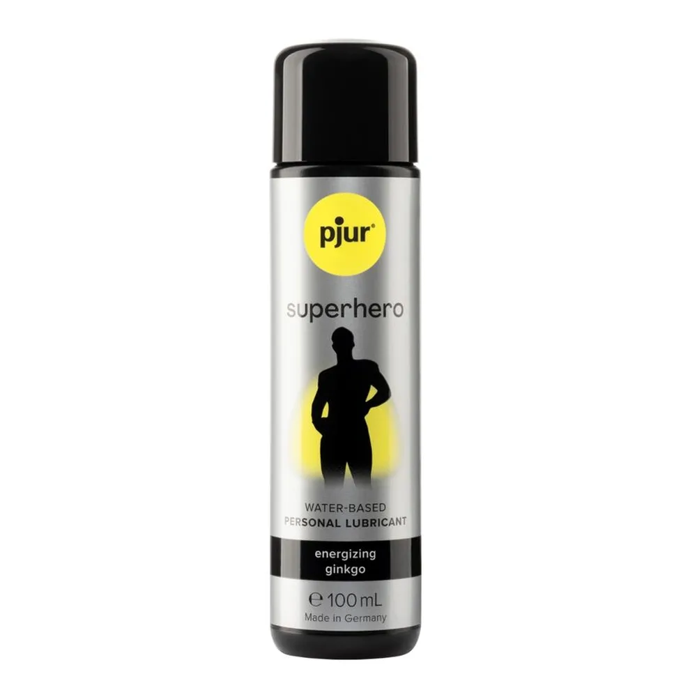 Flacon de lubrifiant personnel Pjur Superhero à base d'eau, 100 ml, avec étiquette grise, logo jaune et silhouette noire, bouchon noir, fond blanc