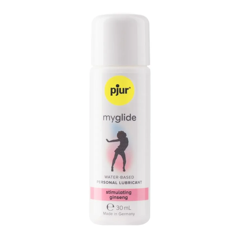Flacon blanc de 30 ml de lubrifiant Pjur Myglide à base d'eau avec étiquette rose indiquant « stimulating ginseng », logo jaune de la marque et silhouette féminine