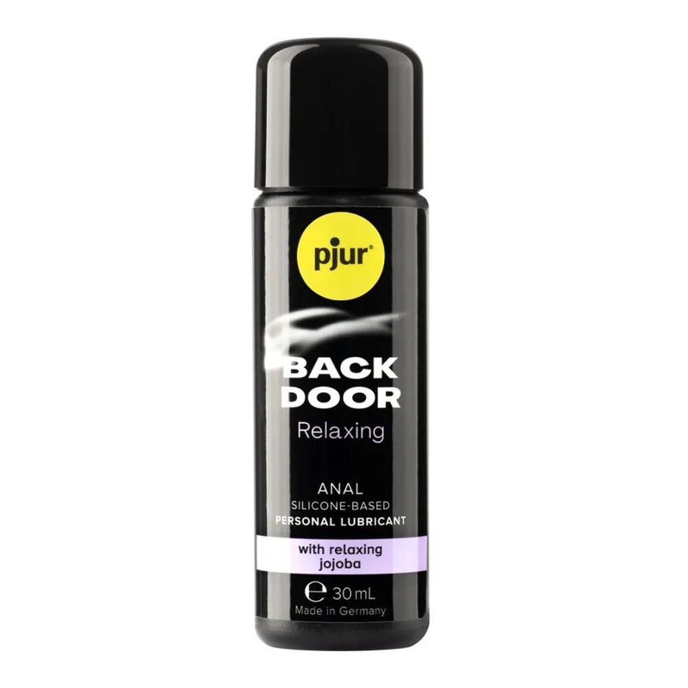 Flacon de lubrifiant anal Back Door Relaxing, 30 ml, en noir brillant avec étiquette jaune et noire, base silicone, contenant de la jojoba relaxante