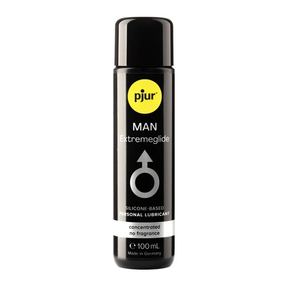 Flacon noir de lubrifiant silicone pjur Man Extremeglide de 100 ml, avec logo jaune, étiquette blanc et gris indiquant « silicone-based personal lubricant », concentrated, no fragrance, made in Germany