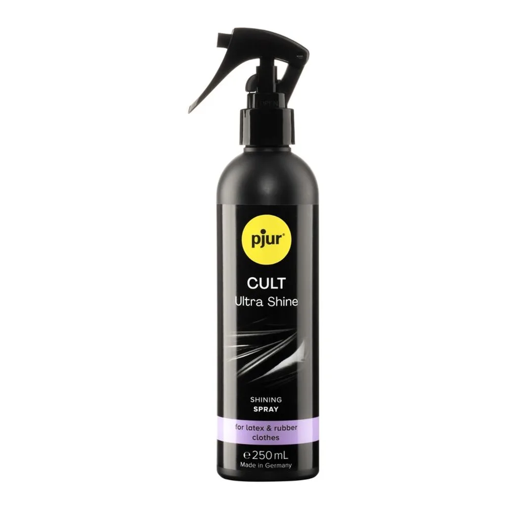 Flacon noir de 250 ml avec vaporisateur, étiquette jaune et blanche indiquant Pjur Cult Ultra Shine, spray brillant pour vêtements latex et caoutchouc