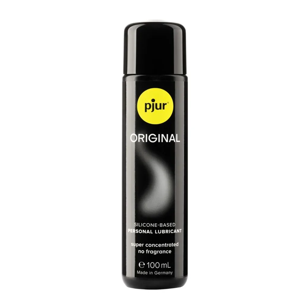 Flacon noir de 100 mL de lubrifiant silicone Original pjur avec étiquette jaune et noire, inscription silicone-based personal lubricant, fond blanc