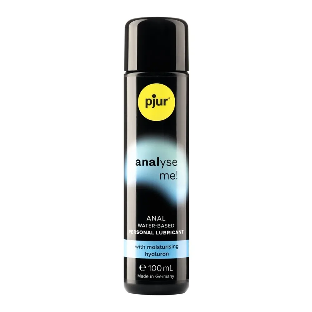 Flacon de lubrifiant anal Pjur Analyse Me à base d'eau, 100 ml, noir avec logo jaune et étiquette blanche détaillant la formule à l'acide hyaluronique