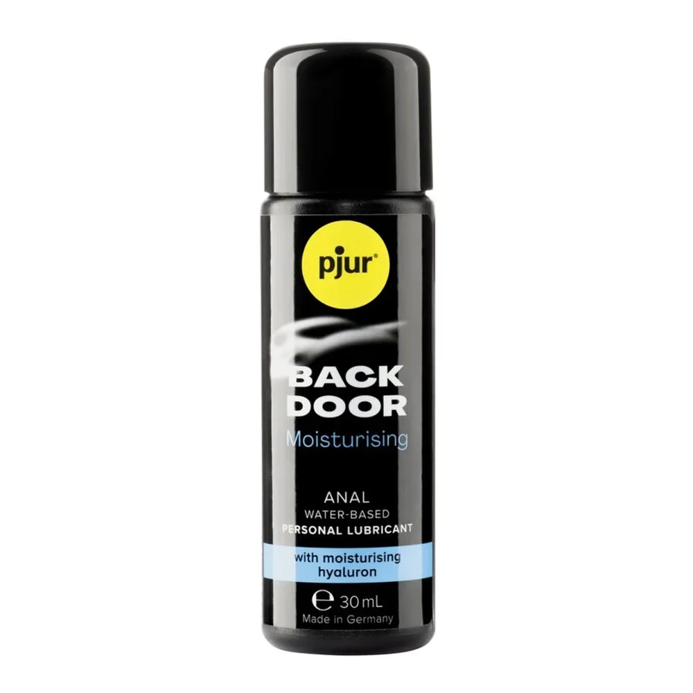 Flacon noir de lubrifiant anal Back Door Hydratant de Pjur, 30 ml, avec étiquette noire et logo jaune, sur fond blanc