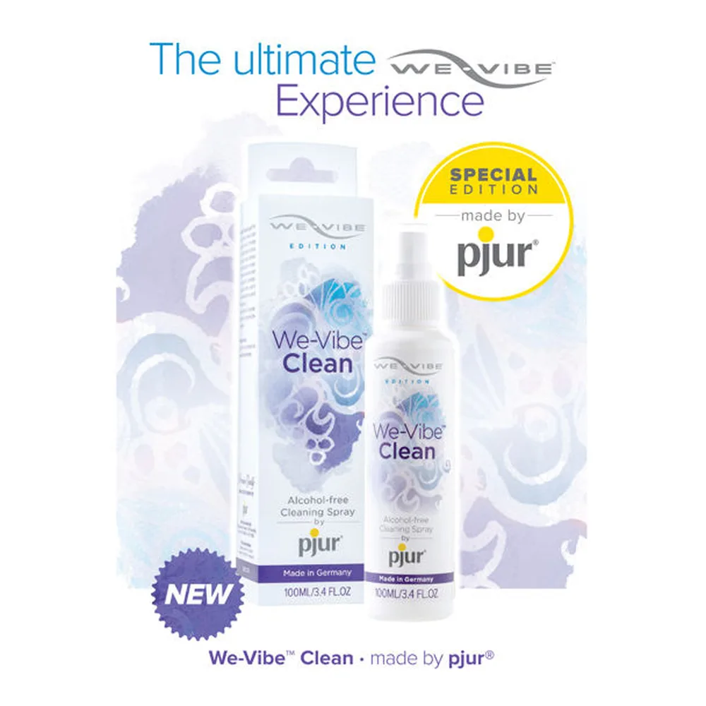 Emballage et flacon de nettoyant We-Vibe Clean par Pjur, spray sans alcool 100 ml, boîte bleue dégradé violet avec flacon pulvérisateur blanc