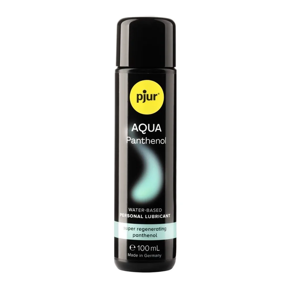 Flacon noir de lubrifiant Aqua Panthenol pjur de 100 mL, avec étiquette jaune et mention « water-based personal lubricant » et « made in Germany »