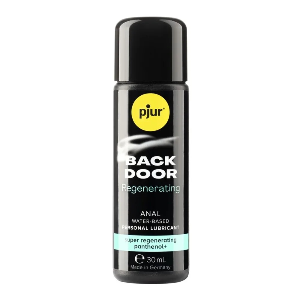Flacon noir de lubrifiant anal Pjur Back Door Regenerating de 30 mL, avec logo jaune et inscriptions blanches, sur fond blanc