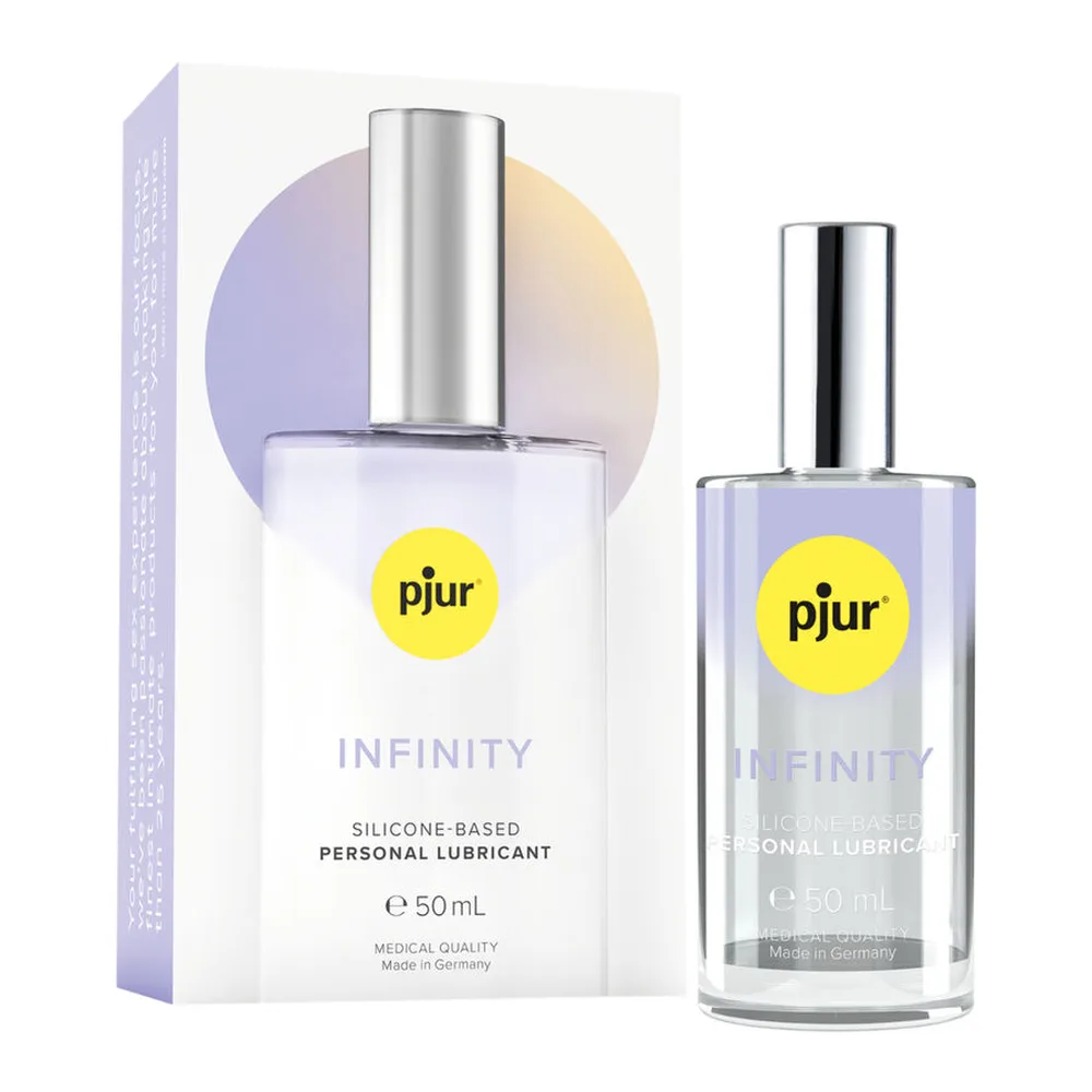 Flacon et emballage du lubrifiant silicone Infinity pjur, bouteille en verre avec bouchon métallique argenté, capacité 50 ml, présenté avec sa boîte mauve et jaune