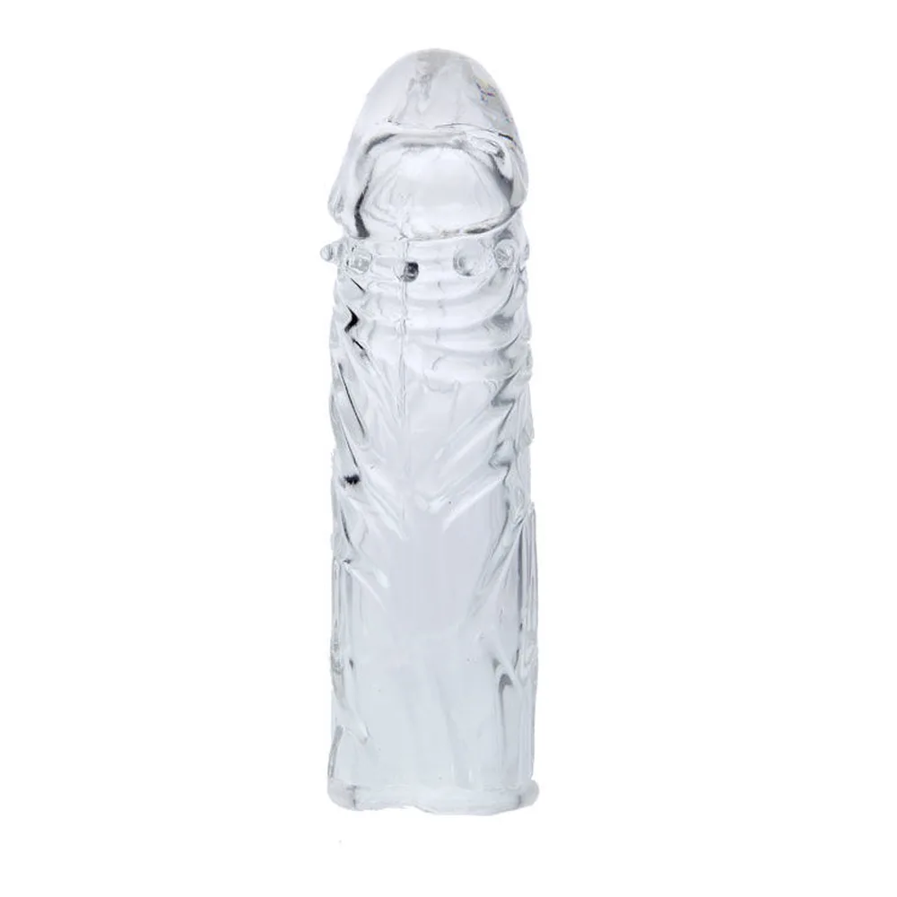 Gaine en silicone transparent avec nodules en relief, capuchon bombé amovible et base évasée, sur fond blanc