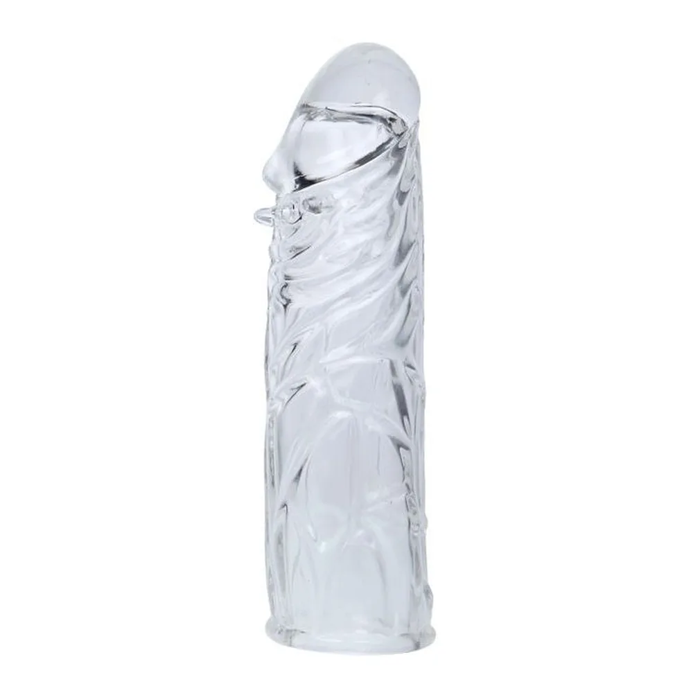 Gaine en silicone transparent avec nodules en relief, capuchon bombé amovible et base évasée, sur fond blanc
