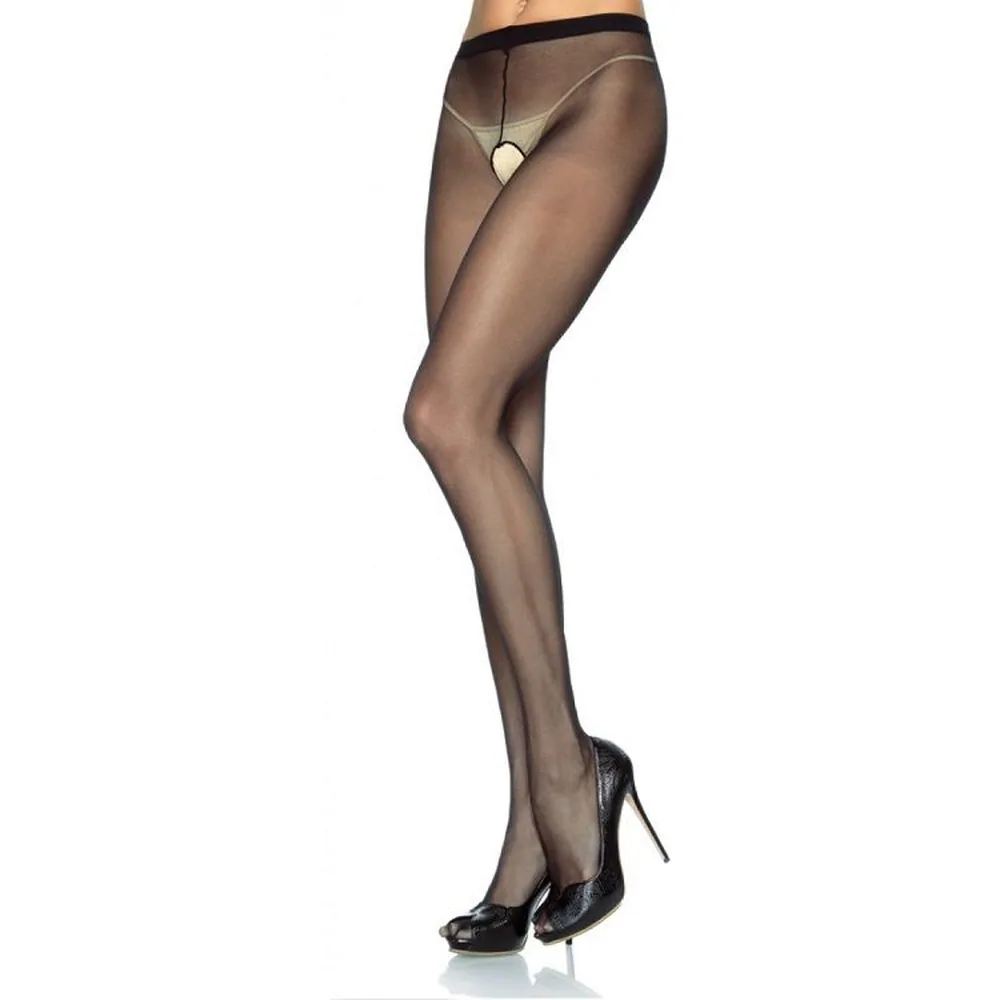 Culotte nylon taupe avec ceinture noire et ouverture entrejambe, fermoir doré, portée avec bas nylon