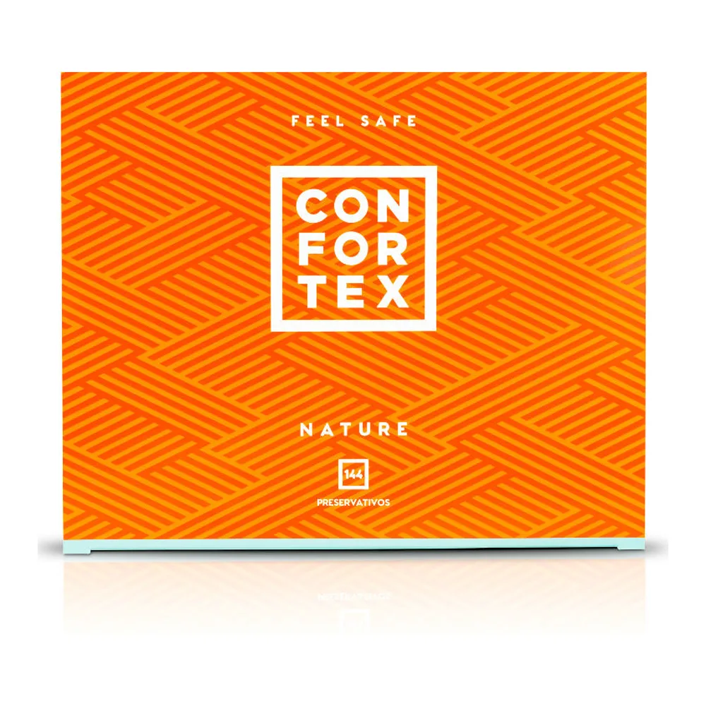 Boîte de préservatifs Condom Nature aux couleurs orange et turquoise, avec motifs géométriques et logo blanc, posée sur fond blanc