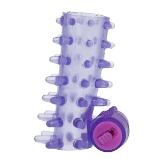 Gaine extensible transparente violet pâle avec picots en relief, accompagnée d'une télécommande violette avec bouton rose, objet pour adultes