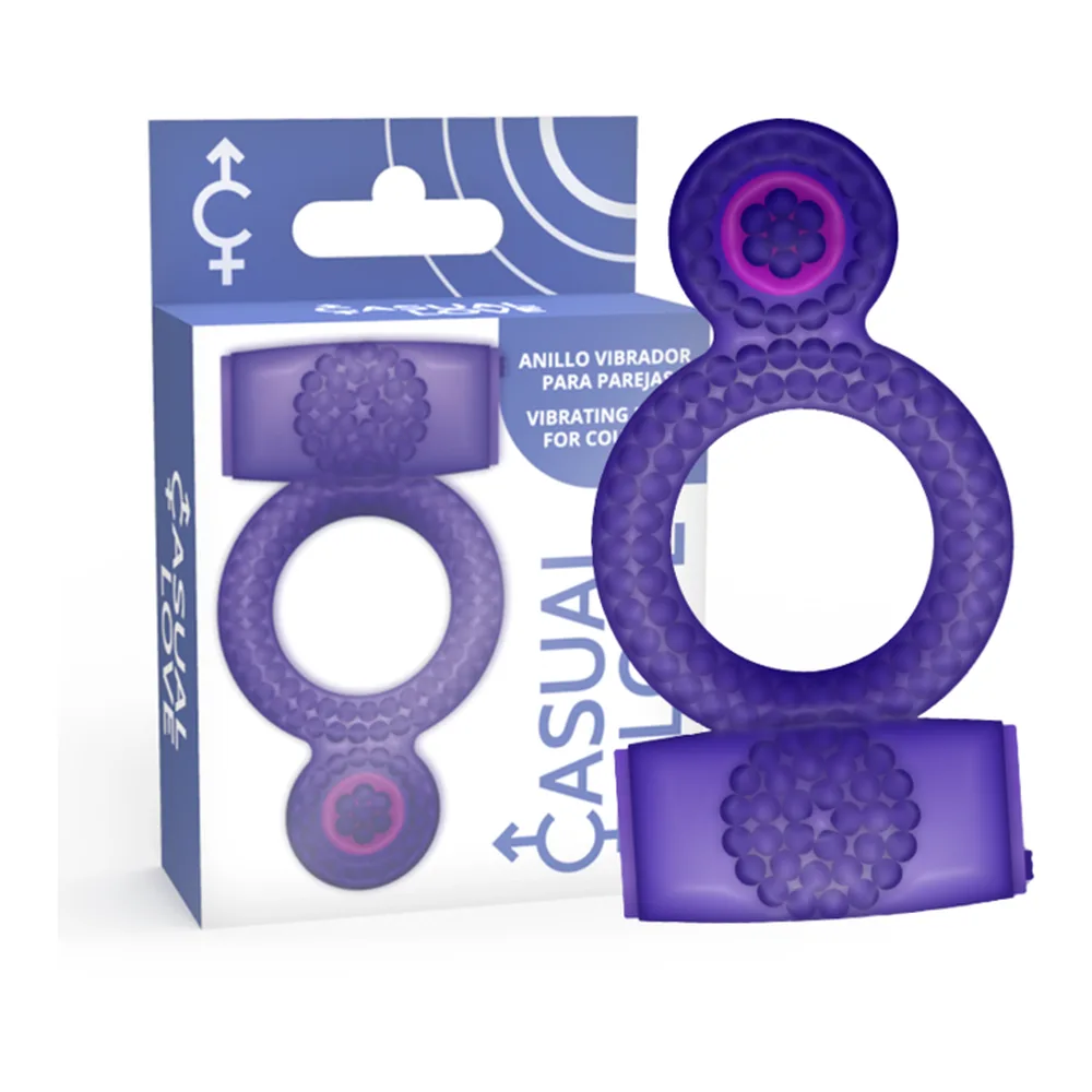 Accessoire de couleur chair avec anneau vibrant en silicone violet et magenta, équipé de perles de massage, base ventousée, sur fond blanc