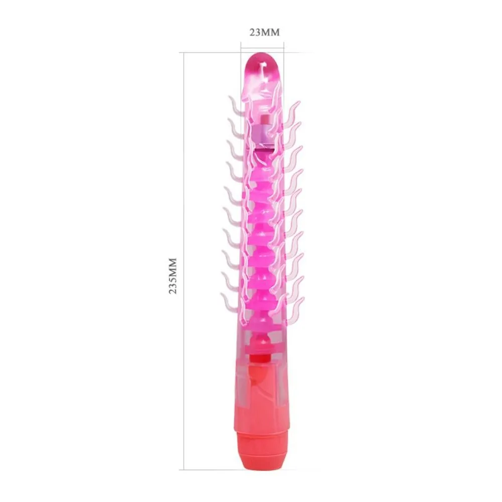 Vibromasseur violet en silicone flexible avec nervures en relief sur toute la longueur, tête arrondie et base cylindrique, sur fond blanc