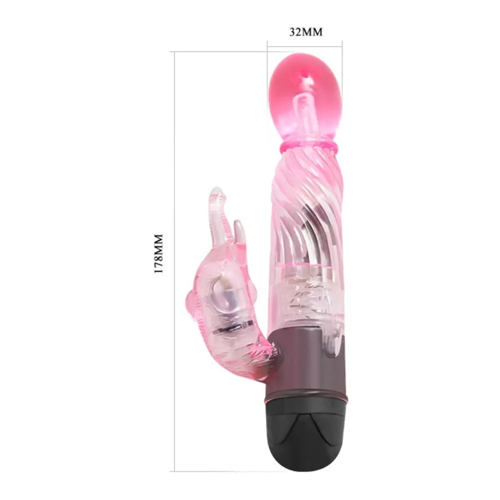 Vibromasseur rose et transparent avec tête bulbeuse, corps à rainures spiralées et stimulateur clitoridien en forme de lapin, base noire, sur fond blanc