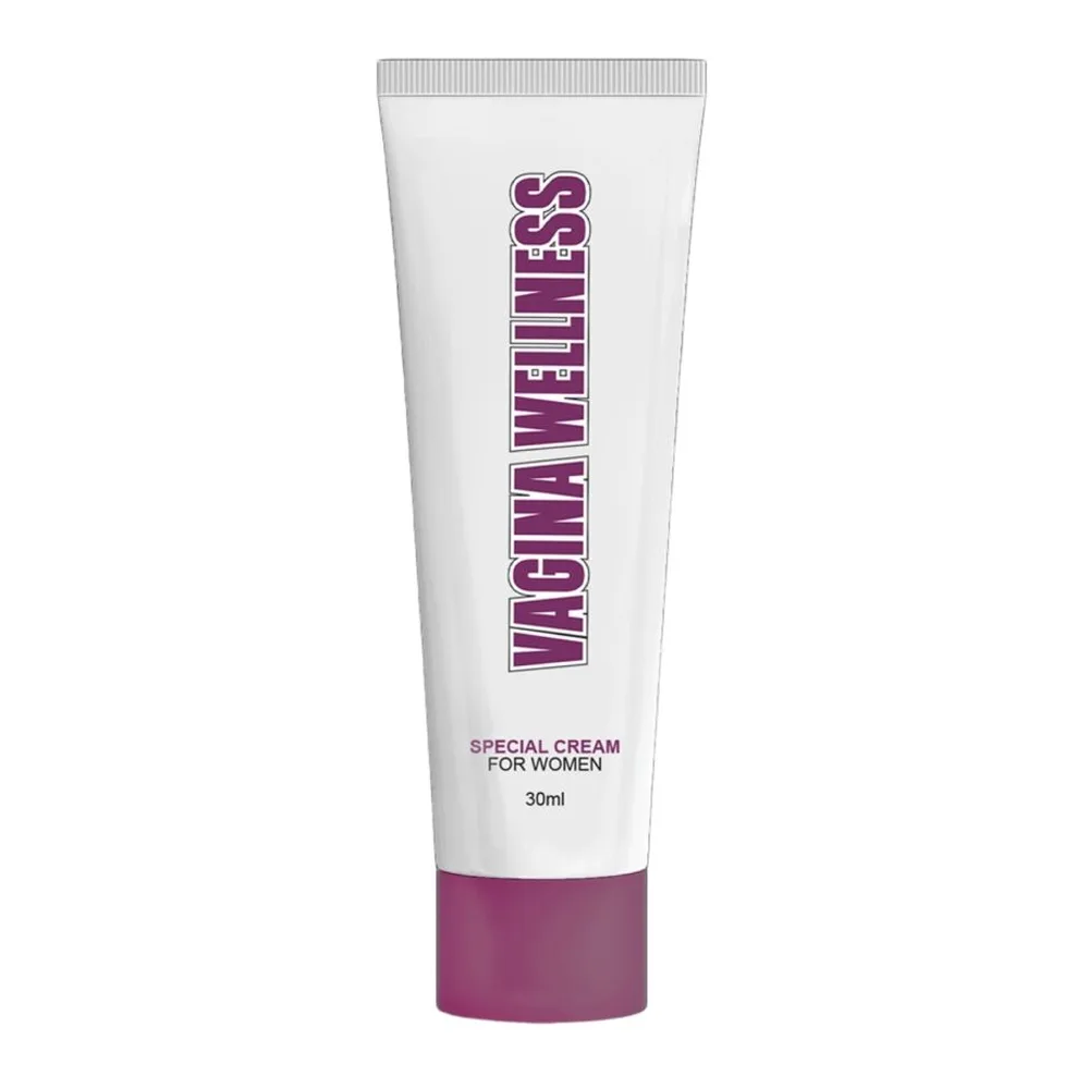 Tube blanc de crème de 30ml avec bandeau violet et texte « VAGINA WELLNESS », embout blanc et base violette