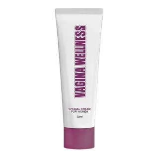 Tube blanc de crème de 30ml avec bandeau violet et texte « VAGINA WELLNESS », embout blanc et base violette