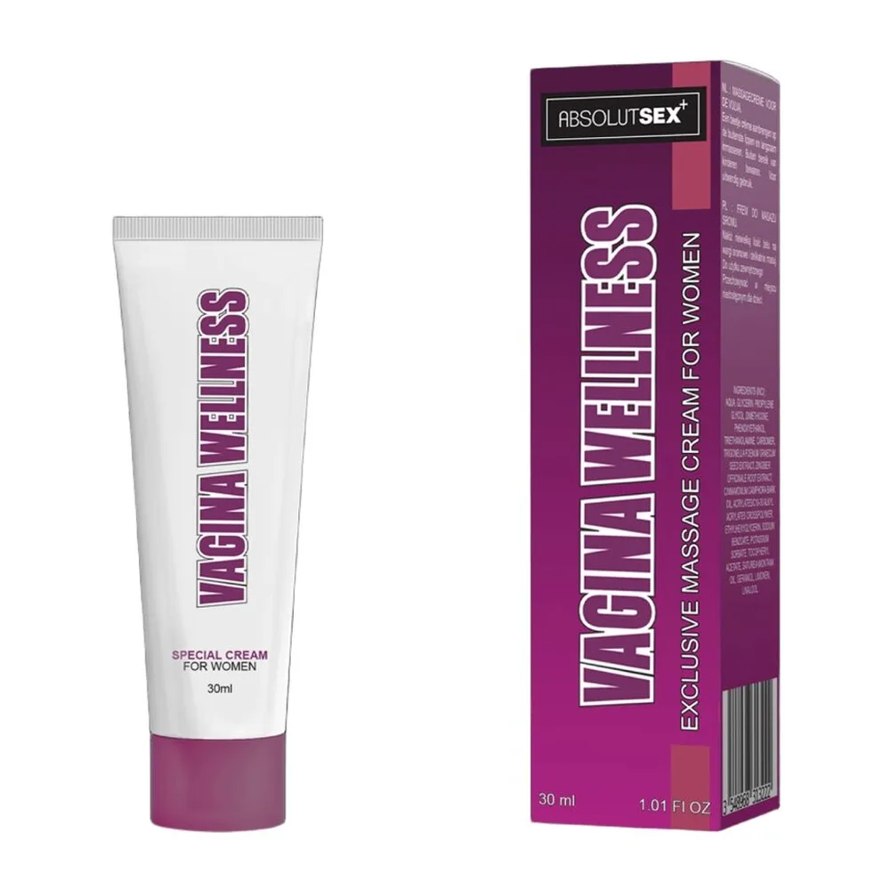 Tube blanc de crème de 30ml avec bandeau violet et texte « VAGINA WELLNESS », embout blanc et base violette