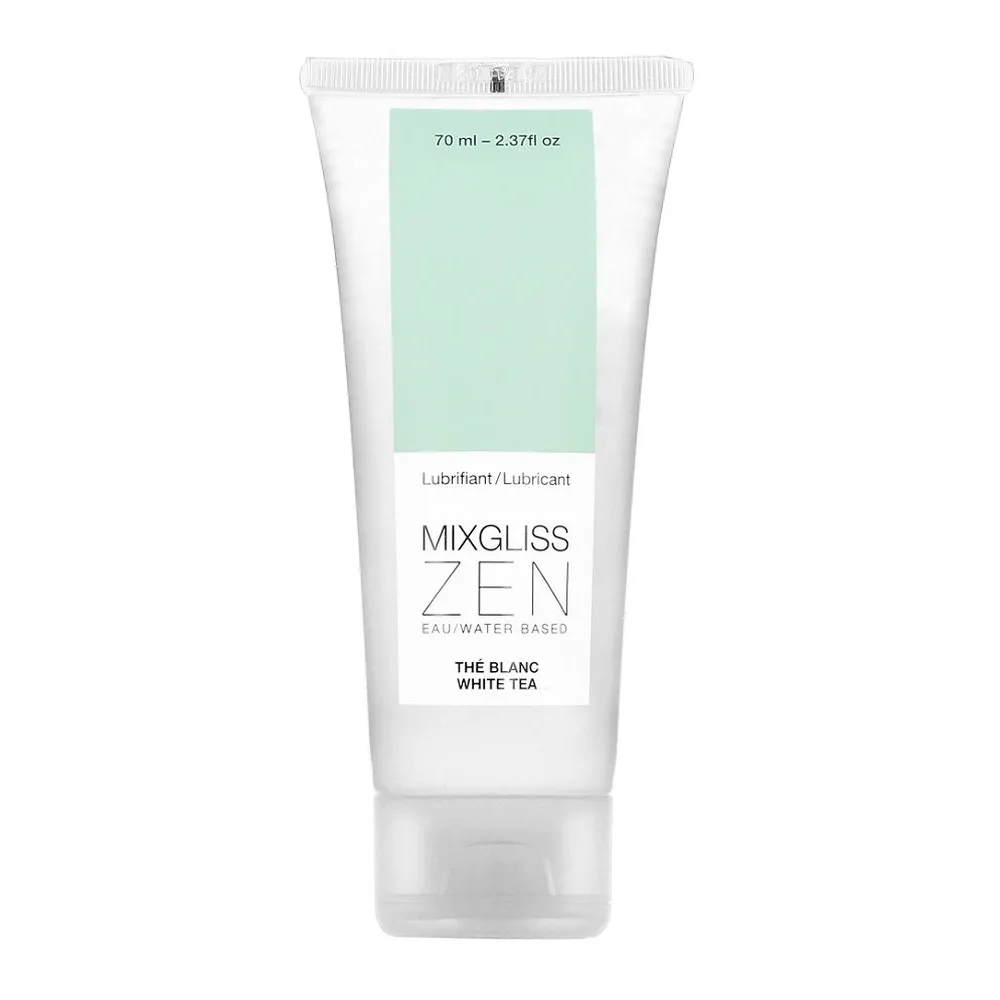 Tube blanc de lubrifiant Mixgliss Zen 70 ml, étiquette à fond vert menthe avec mention « Eau water based » et « The blanc white tea »