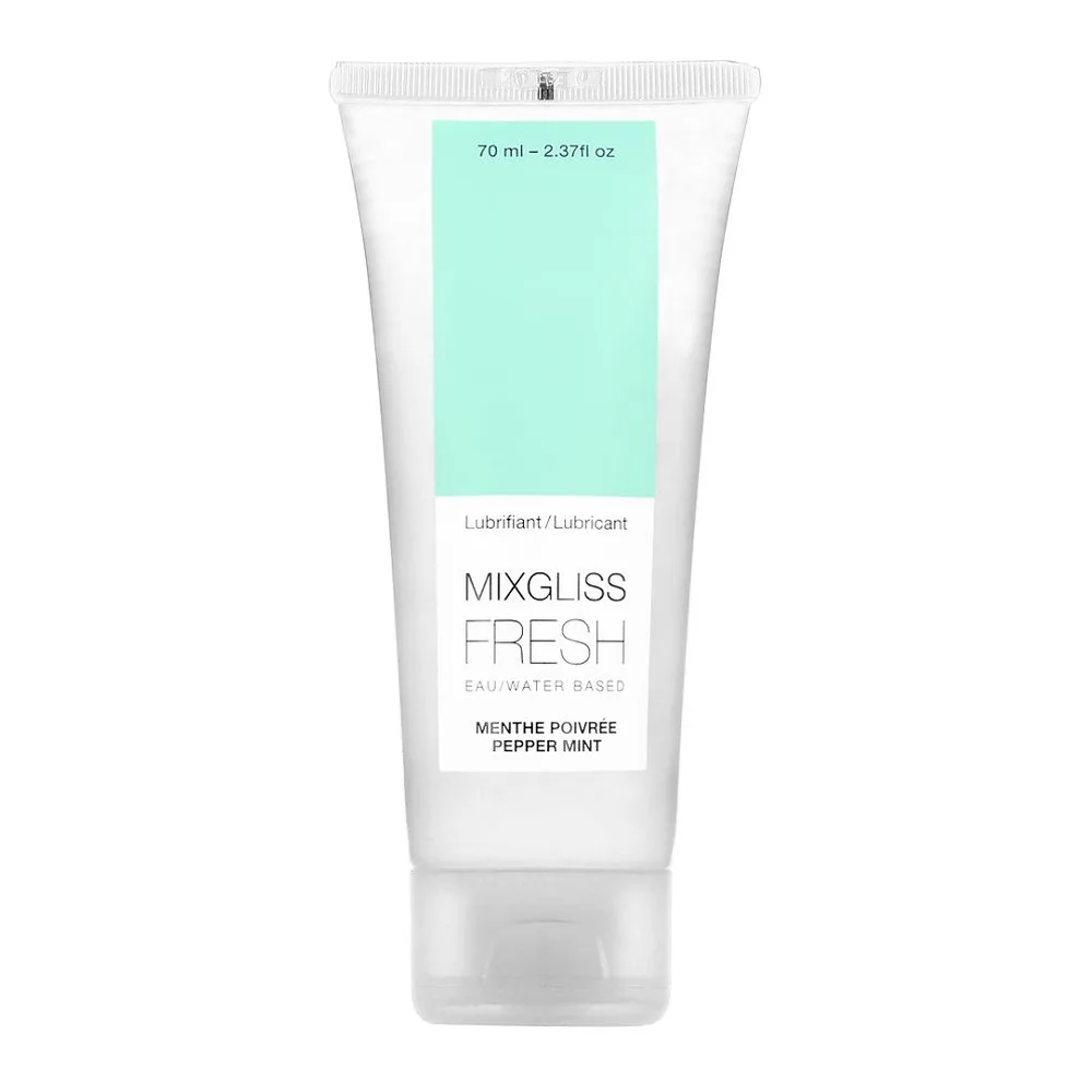 Tube blanc de lubrifiant Mixgliss Fresh 70 ml avec étiquette blanche et zone turquoise, base aqueuse, saveur menthe poivrée, sur fond blanc