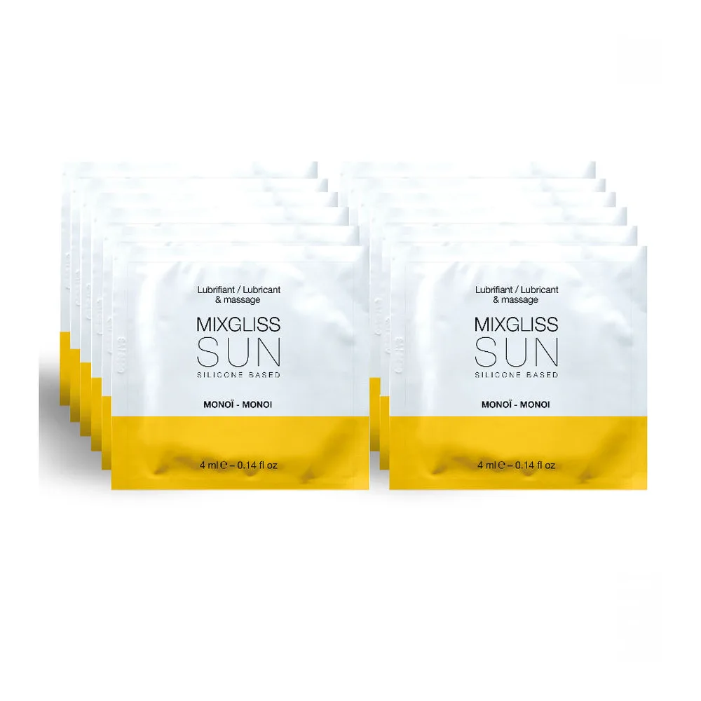 Emballage de douze dosettes de lubrifiant MIXGLISS SUN à base de silicone, parfum monoï, présenté en sachets individuels blanc et jaune de 4 ml