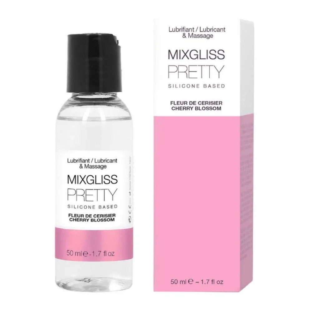 Flacon de lubrifiant silicone MIXGLISS Pretty 50 ml au parfum fleur de cerisier, avec bouchon noir, présenté à côté de son emballage rose et blanc