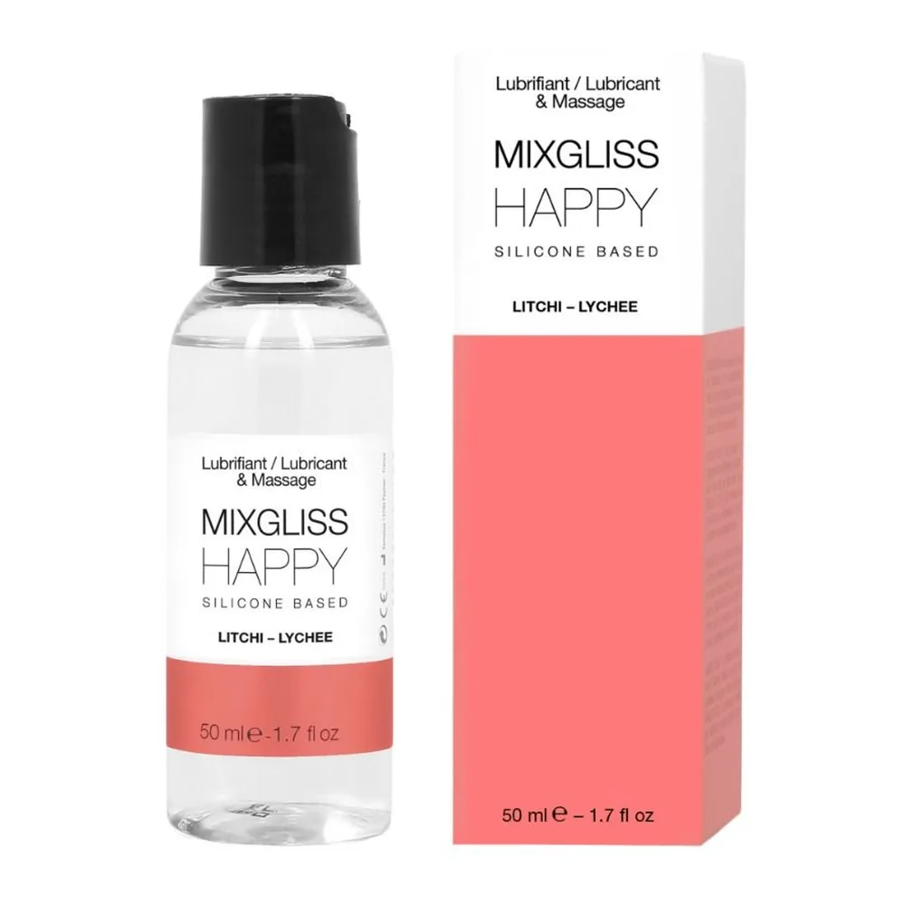 Flacon de 50 ml de lubrifiant silicone transparent avec bouchon noir et étiquette blanche, à côté de son emballage rose corail mentionnant MIXGLISS HAPPY, Litchi - Lychée