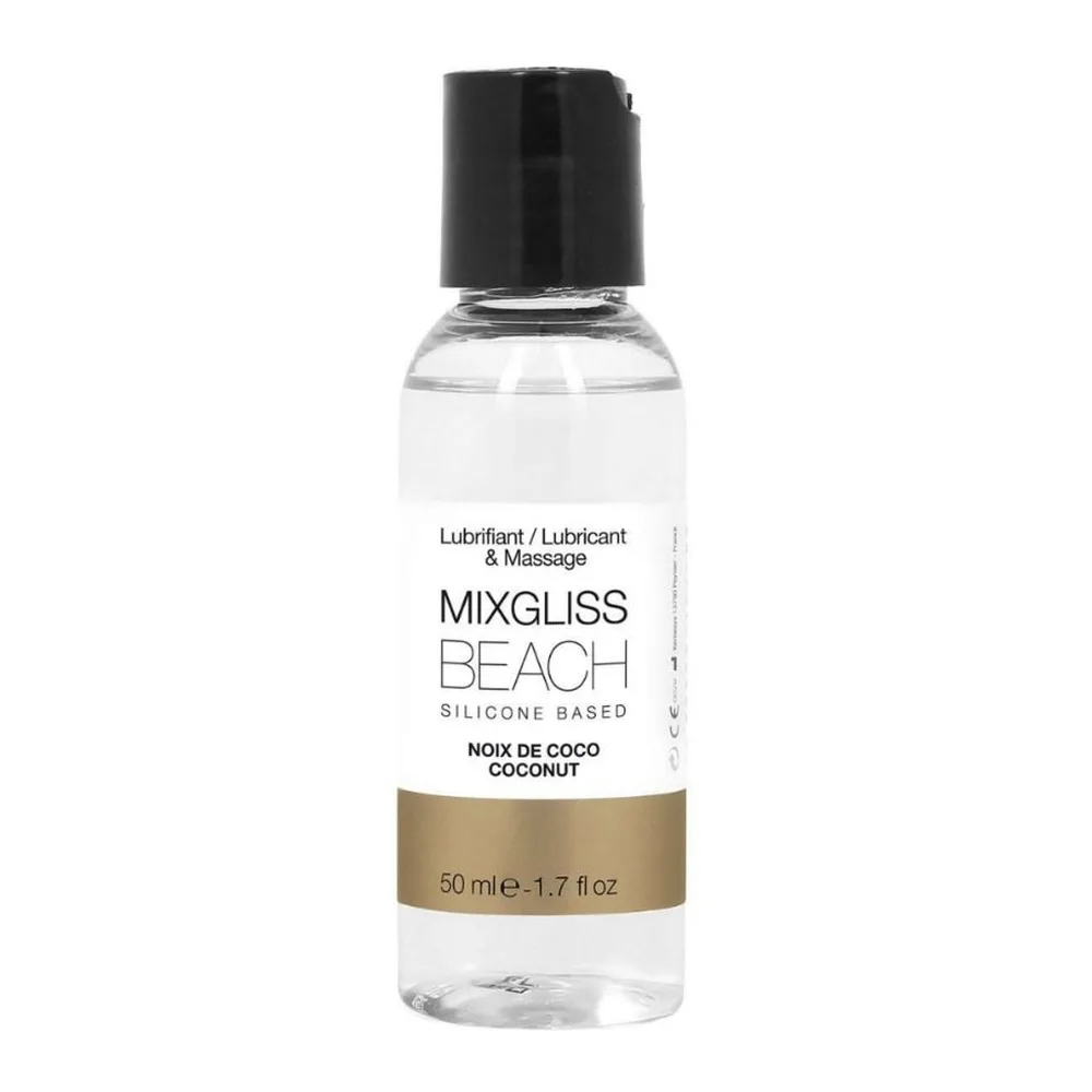 Flacon transparent de lubrifiant silicone Mixgliss Beach 50 ml, parfum noix de coco, avec bouchon noir et bandeau doré, sur fond blanc