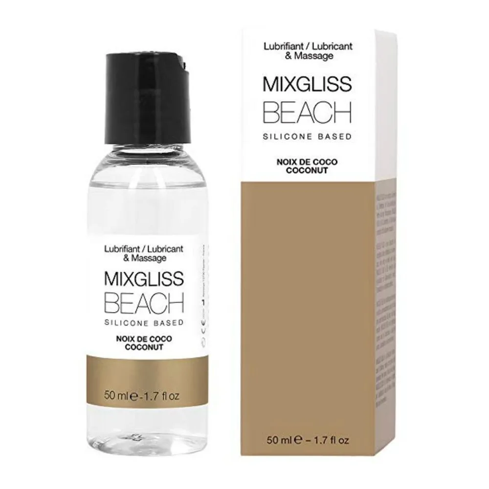 Flacon transparent de lubrifiant silicone Mixgliss Beach 50 ml, parfum noix de coco, avec bouchon noir et bandeau doré, sur fond blanc