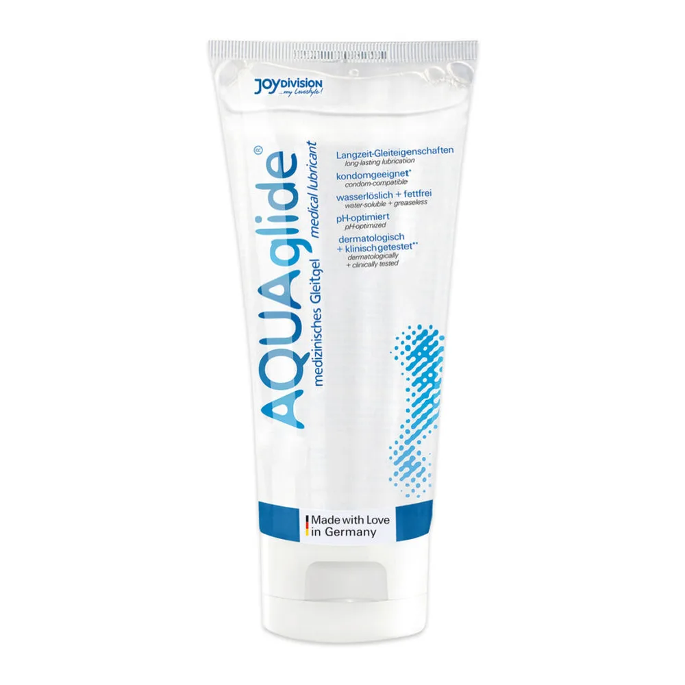 Tube blanc de lubrifiant aquaglide, marque Joyovision, 200 ml, avec bande bleue et texte en allemand, fond blanc