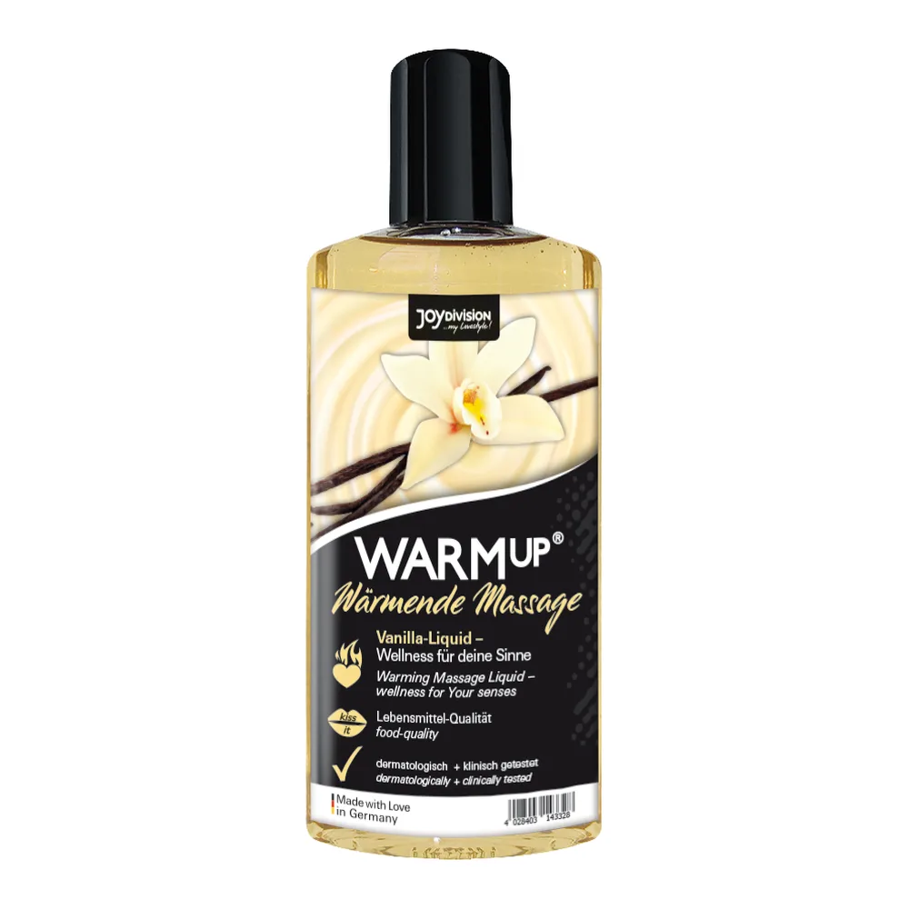 Flacon de 150 ml d'huile de massage Warmup à la vanille, liquide ambré clair avec étiquette noire et dorée illustrée d'une orchidée blanche et de gousses de vanille, bouchon noir brillant