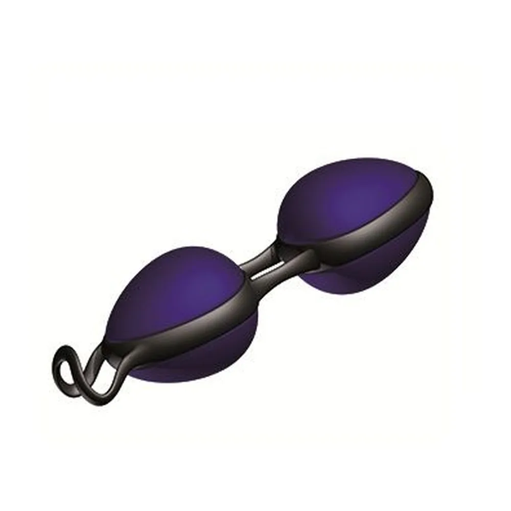 Paire de boules de Geisha en silicone satiné violet et noir, reliées par une barre, avec boucle de retrait intégrée