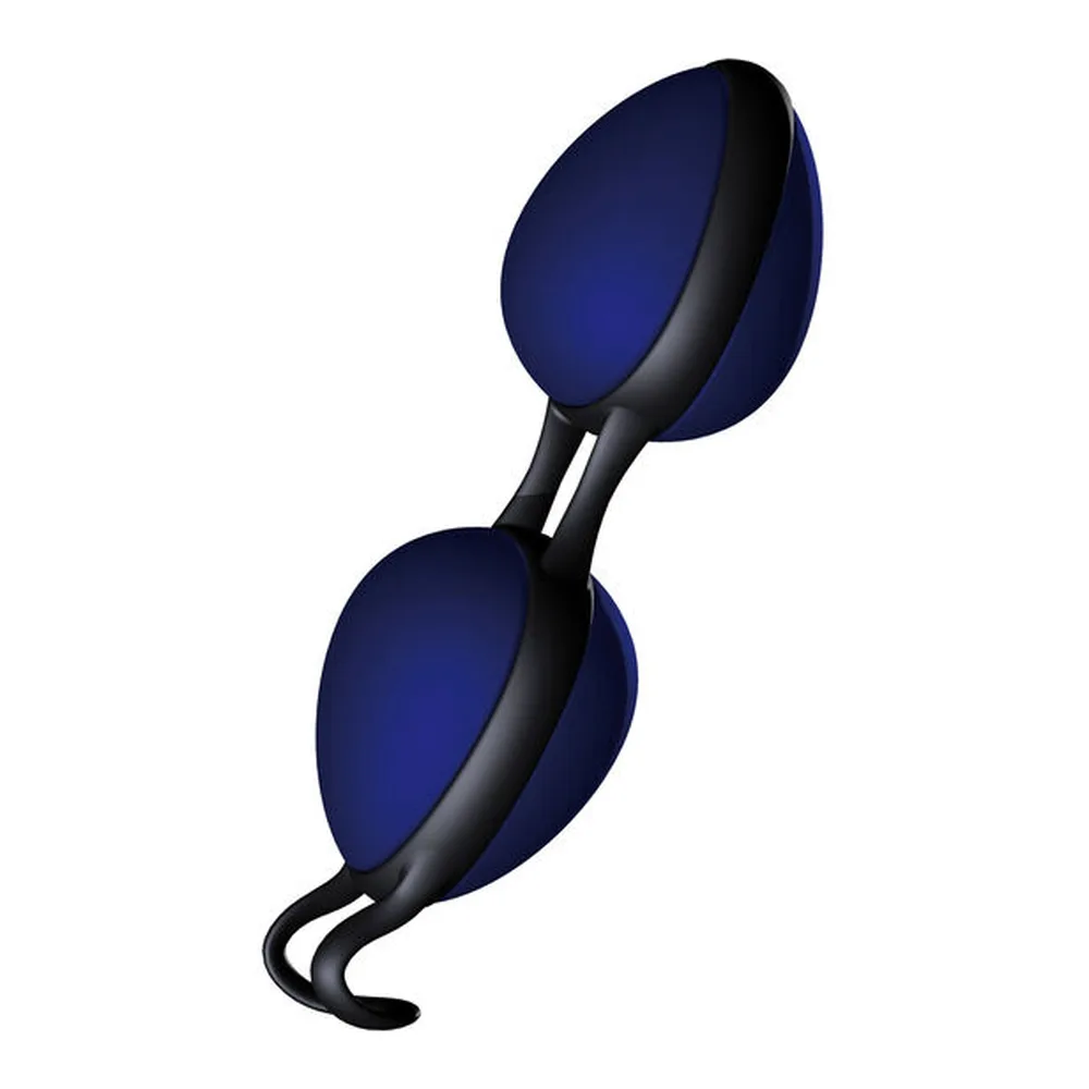 Paire de boules de Geisha en silicone satiné violet et noir, reliées par une barre, avec boucle de retrait intégrée