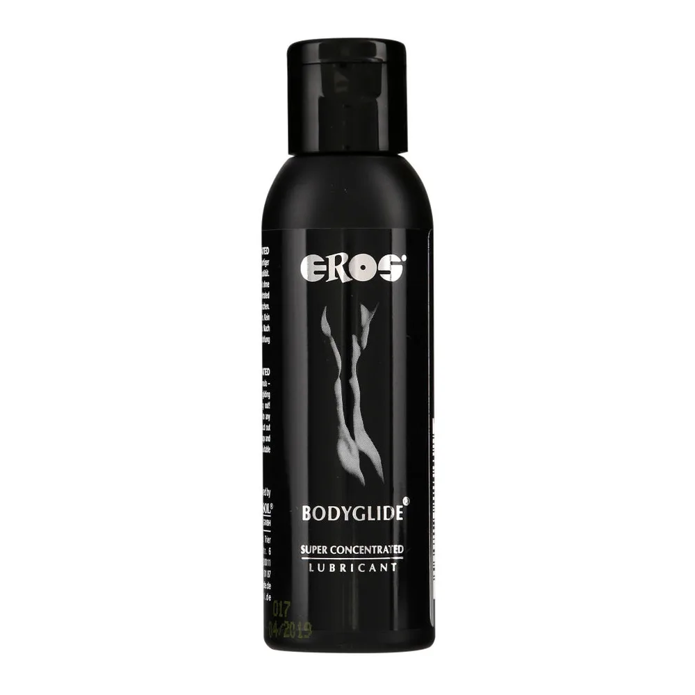 Flacon noir de lubrifiant Eros Bodyglide, 50 ml, avec étiquette blanche affichant le nom du produit et la mention super concentré