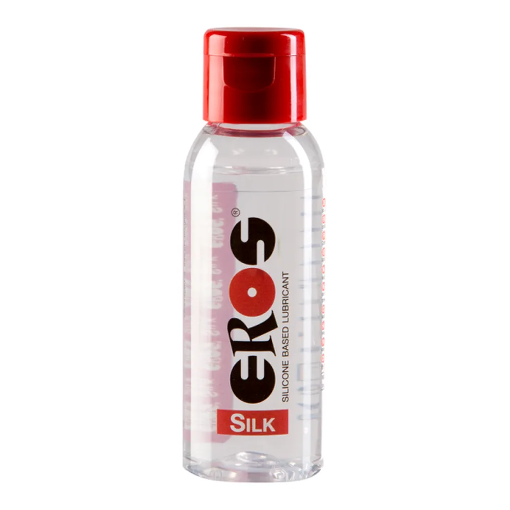 Flacon transparent de 50 ml avec bouchon doseur rouge, contenant un lubrifiant à base de silicone, étiquette noire et rouge Eros Silk sur fond blanc