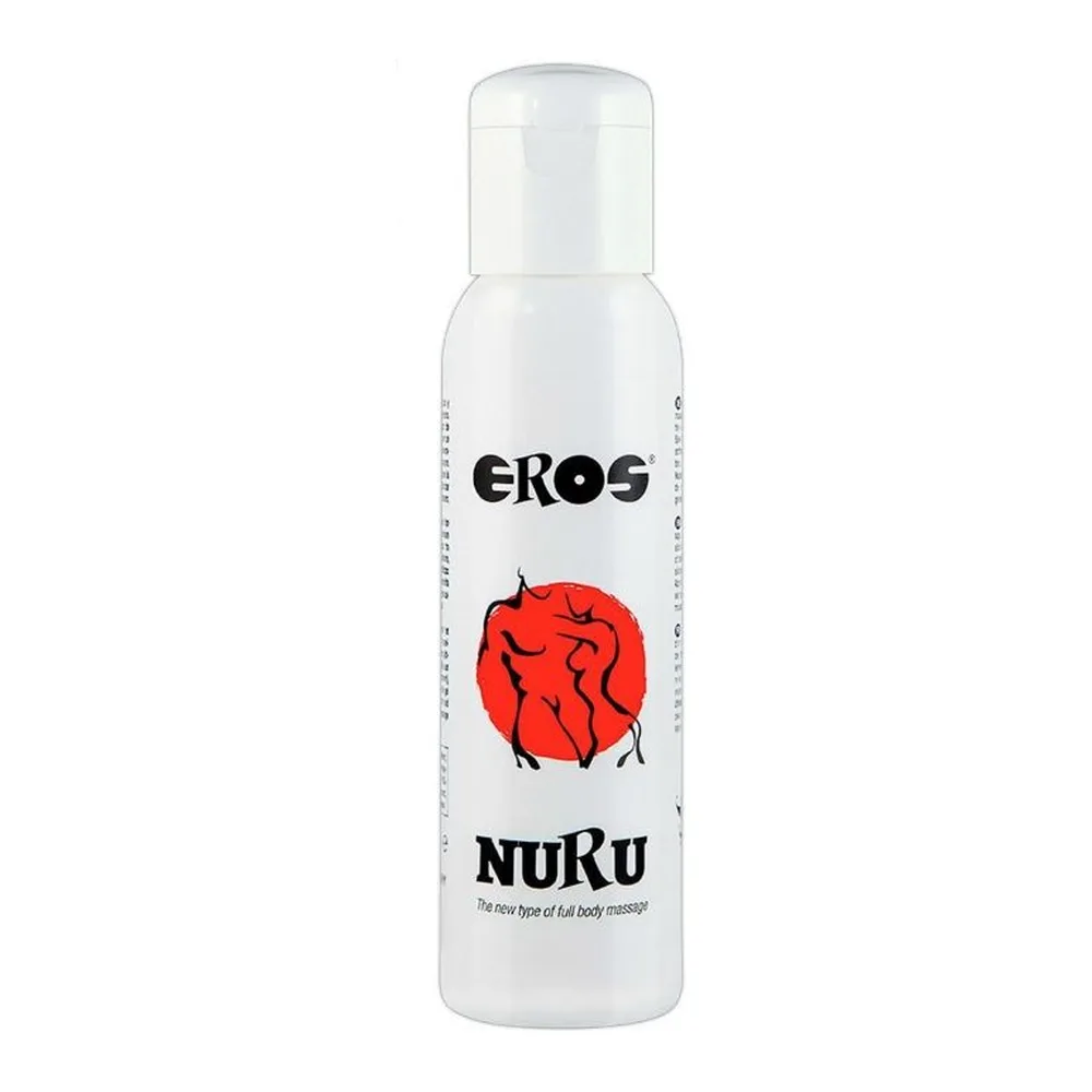 Flacon blanc de gel de massage Nuru Eros Nuru avec bouchon transparent, étiquette blanche et logo rouge stylisé