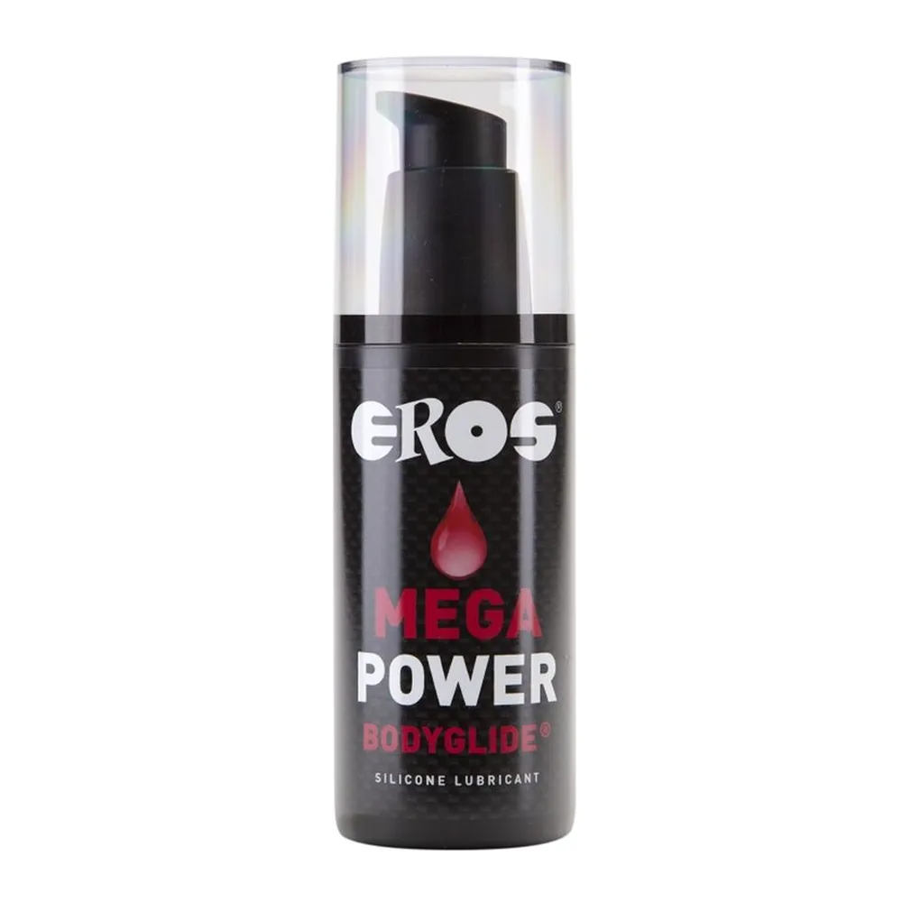 Flacon noir de lubrifiant silicone Eros Mega Power Bodyglide avec pompe doseuse, sur fond blanc