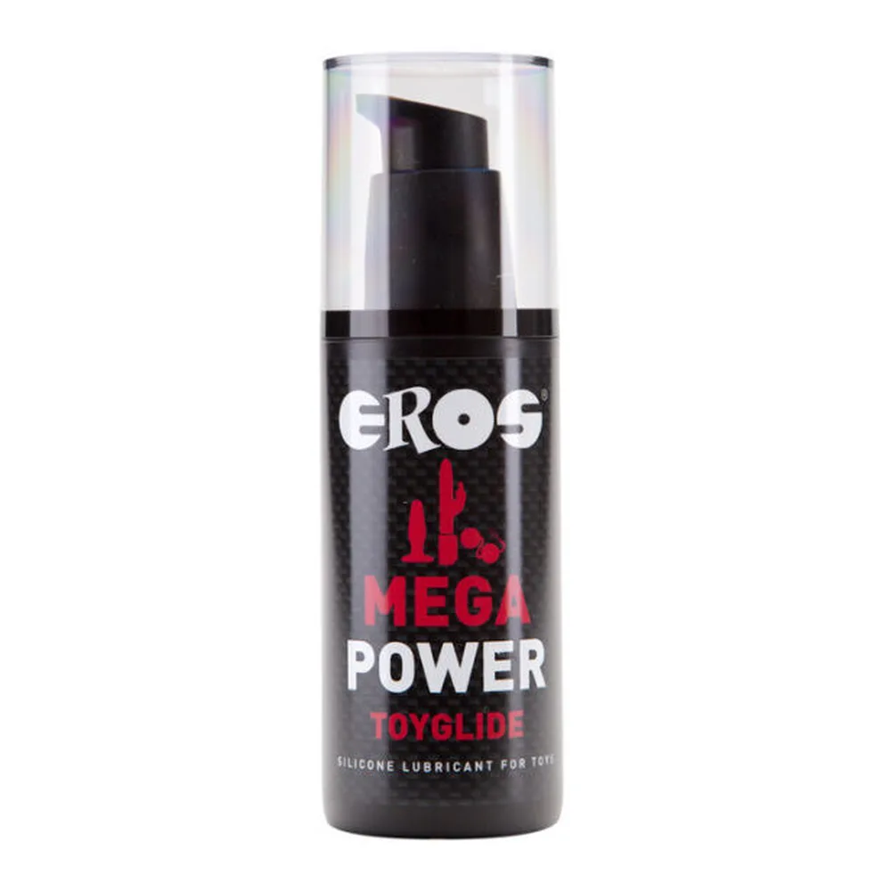 Flacon pompe de lubrifiant silicone Eros Mega Power Toyglide, noir avec étiquette blanche et rouge, sur fond blanc