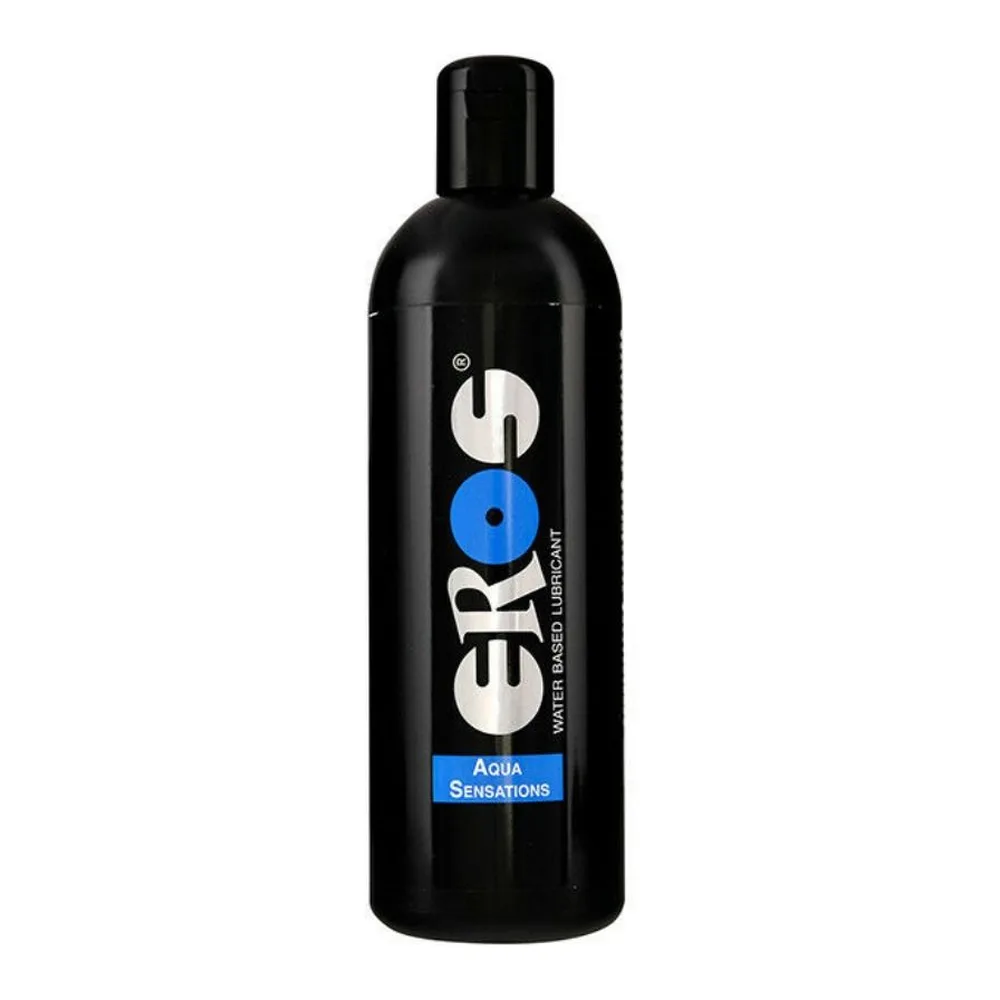 Flacon noir de lubrifiant à base d'eau Eros Aqua Sensations avec étiquette blanche et bleu, capuchon noir, sur fond blanc