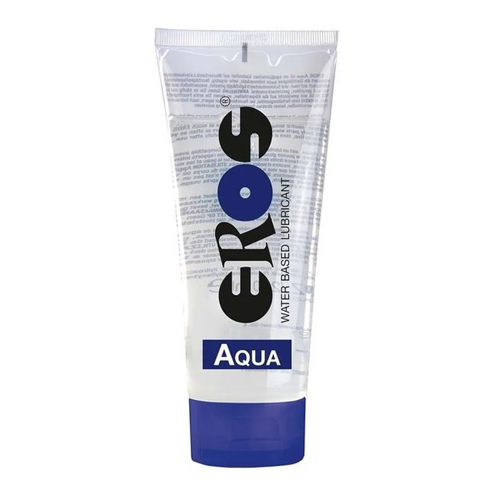 Tube de lubrifiant Eros Aqua à base d'eau, transparent avec étiquette blanche et bande bleue, sur fond blanc