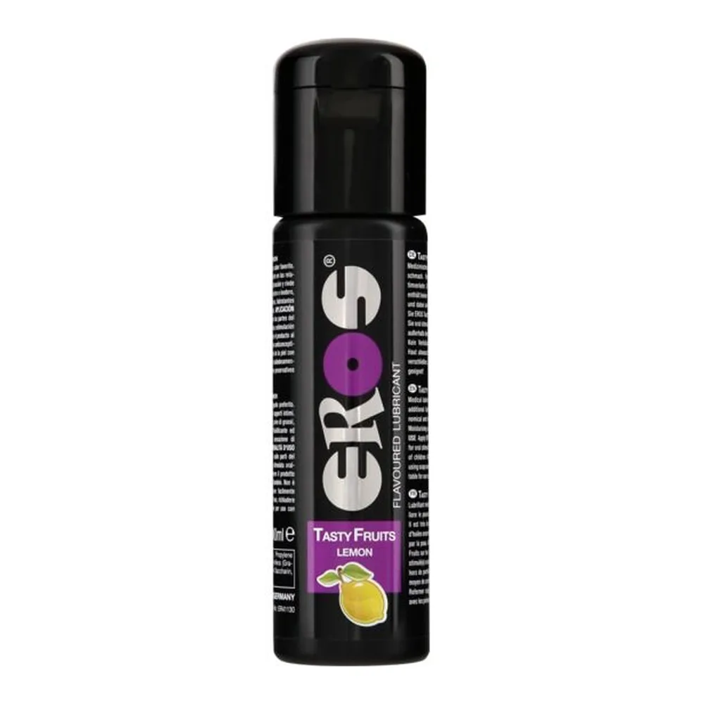 Flacon spray noir de lubrifiant aromatisé citron Eros, avec étiquette violette et image de citron, bouchon noir brillant
