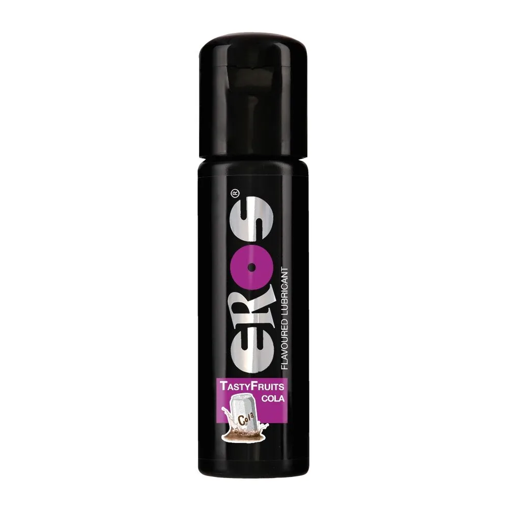 Flacon de lubrifiant aromatisé Eros Tastyfruits saveur cola, spray noir avec étiquette mauve et blanche, sur fond blanc