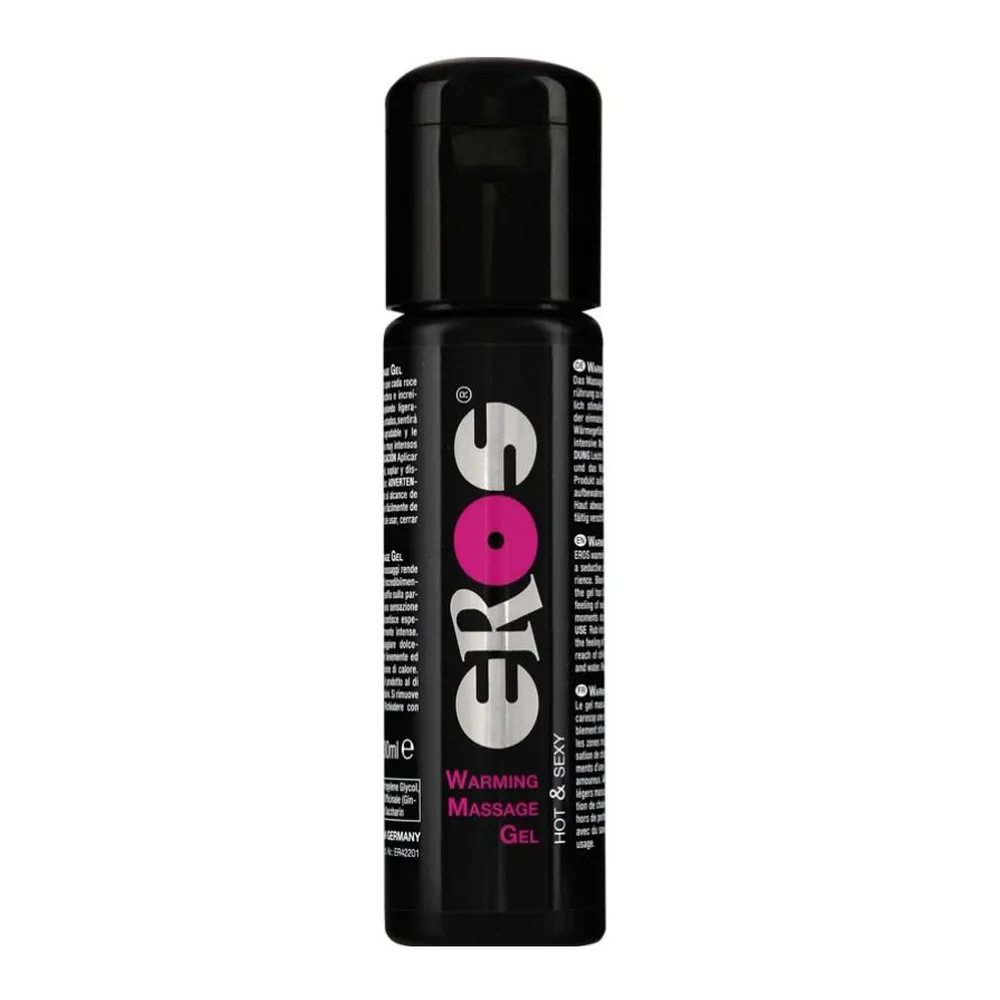 Flacon pulvérisateur noir de gel de massage chauffant Eros, avec étiquette rose fuchsia et texte blanc, sur fond blanc