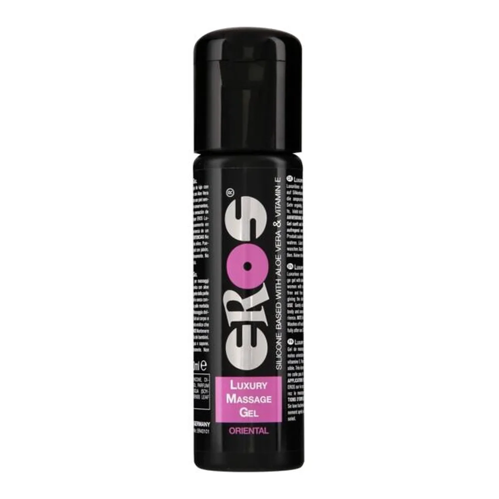 Flacon noir de gel de massage Oriental Eros Luxury avec bouchon à visser, étiquette rose et noire, fond blanc