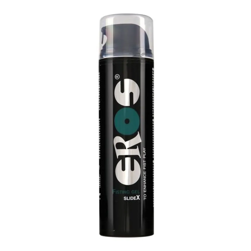 Flacon noir de gel lubrifiant avec bouchon transparent et pompe doseuse, étiquette blanche et verte indiquant « Fisting Gel SlideX »