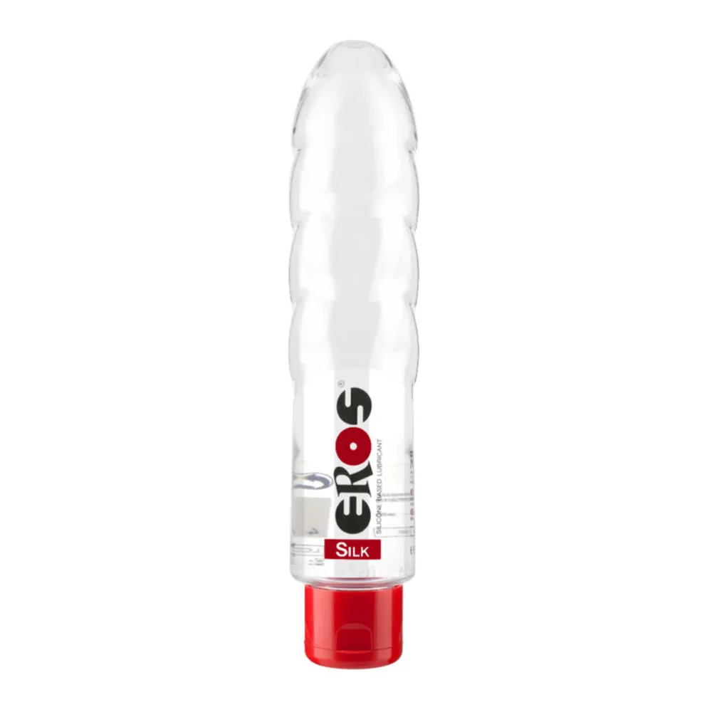 Flacon de lubrifiant silicone transparent avec nervures longitudinales, capuchon rouge et étiquette noire et rouge marquée « EROS SILK »