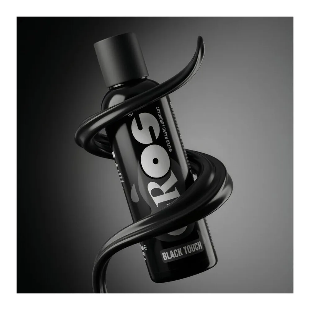 Flacon de lubrifiant Black Touch Eros en verre noir avec bouchon noir vissé, étiquette blanche avec logo et texte, sur fond blanc