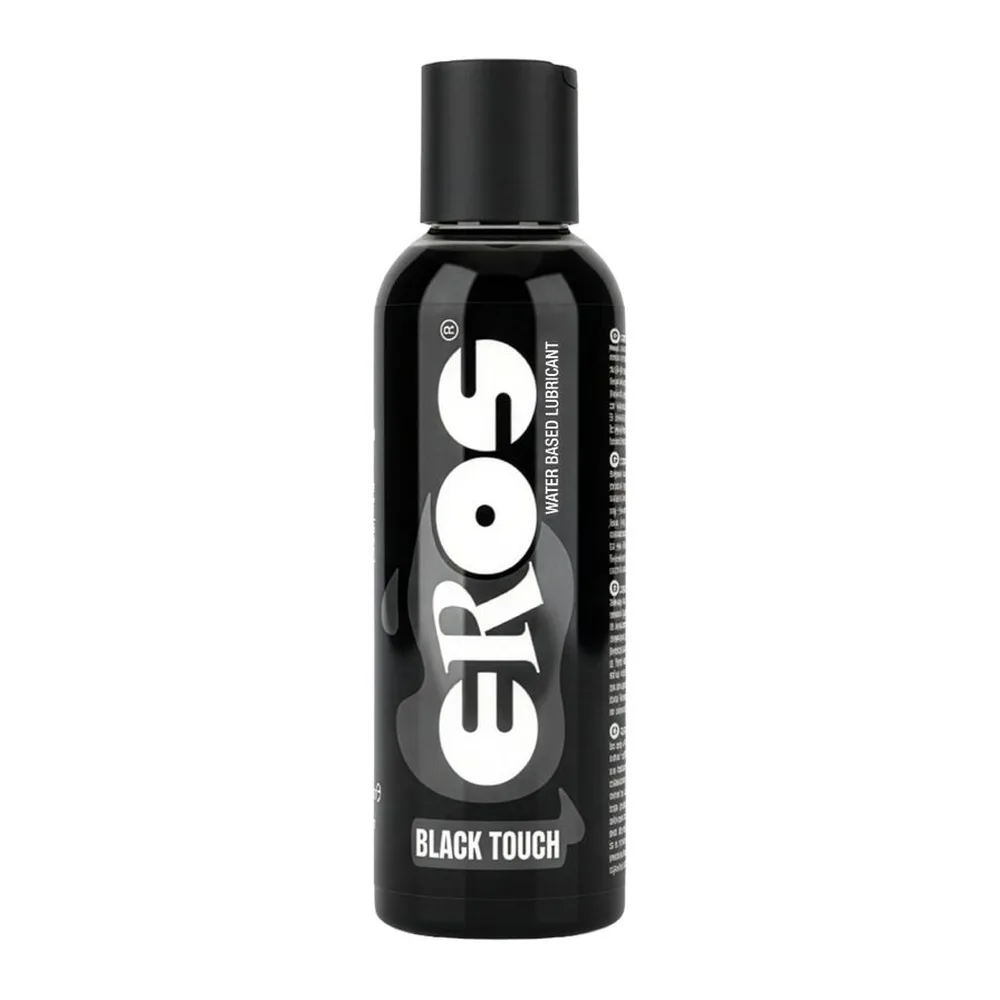 Flacon de lubrifiant Black Touch Eros en verre noir avec bouchon noir vissé, étiquette blanche avec logo et texte, sur fond blanc